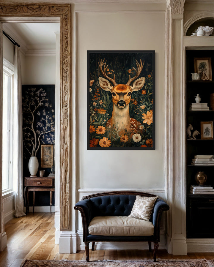 Cute Deer In Flowers William Morris Inspired Framed Canvas Wall Art