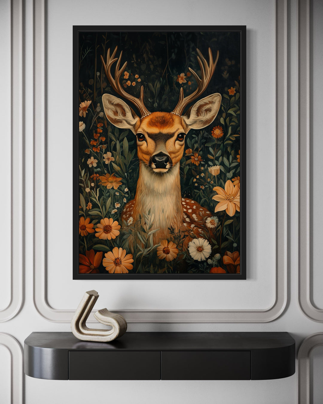 Cute Deer In Flowers William Morris Inspired Framed Canvas Wall Art