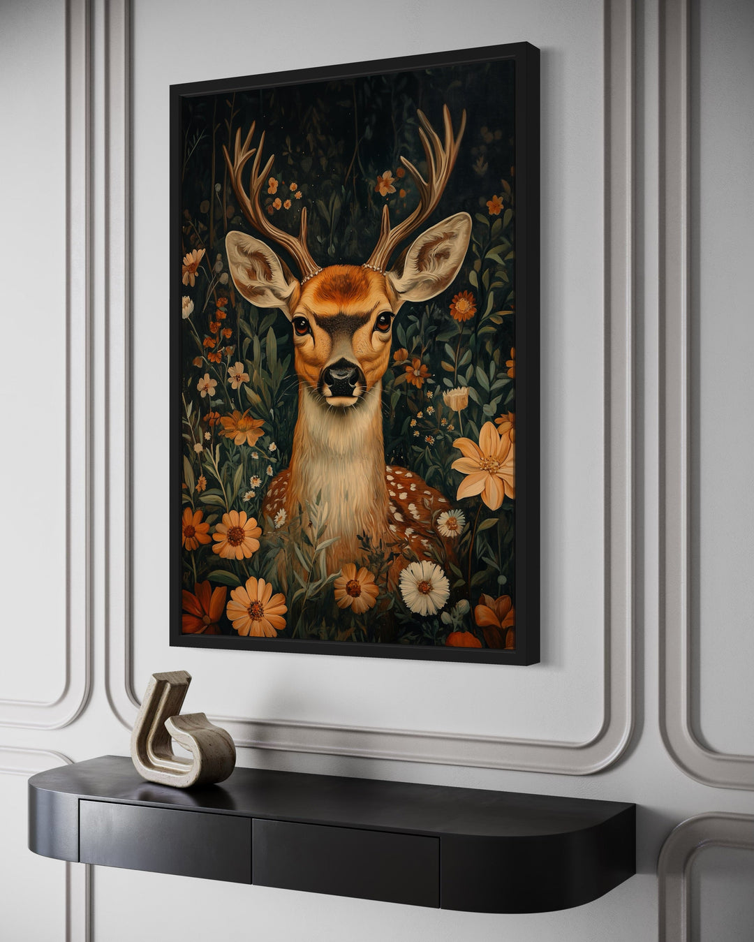 Cute Deer In Flowers William Morris Inspired Framed Canvas Wall Art