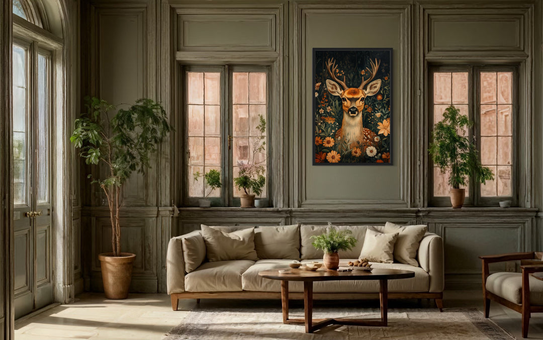 Cute Deer In Flowers William Morris Inspired Framed Canvas Wall Art