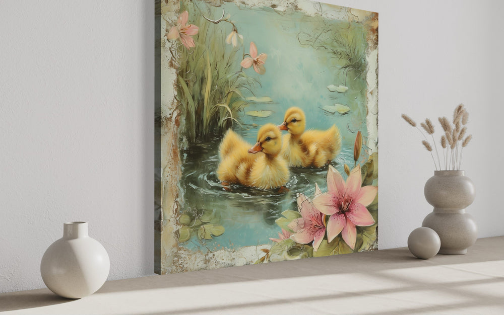 a painting of two ducklings swimming in a pond