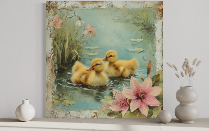 Cute Ducklings In The Pond Rustic Farmhouse Wall Decor For Bathroom Or Nursery