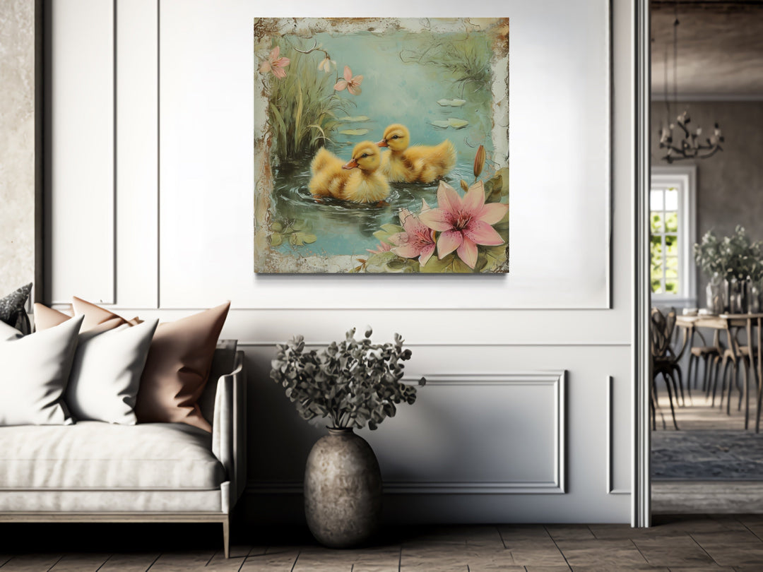 Cute Ducklings In The Pond Rustic Farmhouse Wall Decor For Bathroom Or Nursery