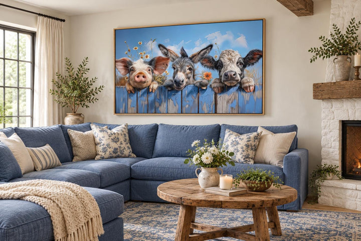 Framed canvas wall art of a pig, donkey, and baby cow looking over a blue fence in a living room.