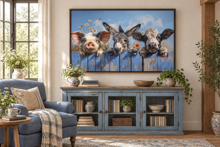 Framed canvas art of a pig, donkey, and baby cow looking over a blue fence in a farmhouse setting.