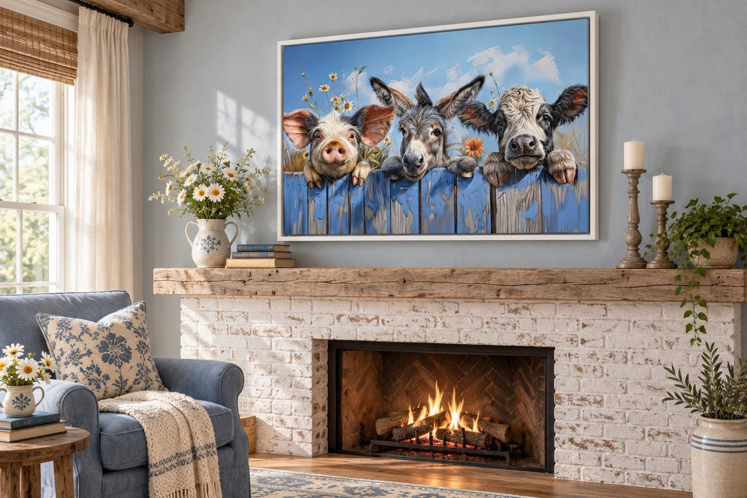 Framed canvas art of a donkey, pig, and baby cow looking over a blue fence above a fireplace.