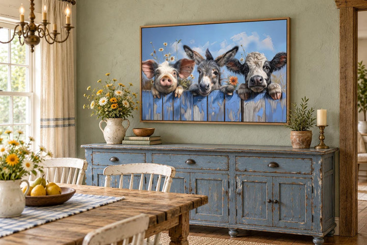 Framed canvas wall art of a donkey, pig, and baby cow looking over a blue wooden fence with daisies.