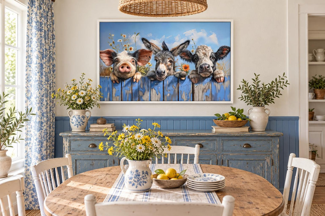 Framed canvas art of a pig, donkey, and calf looking over a blue fence in a farmhouse dining room.