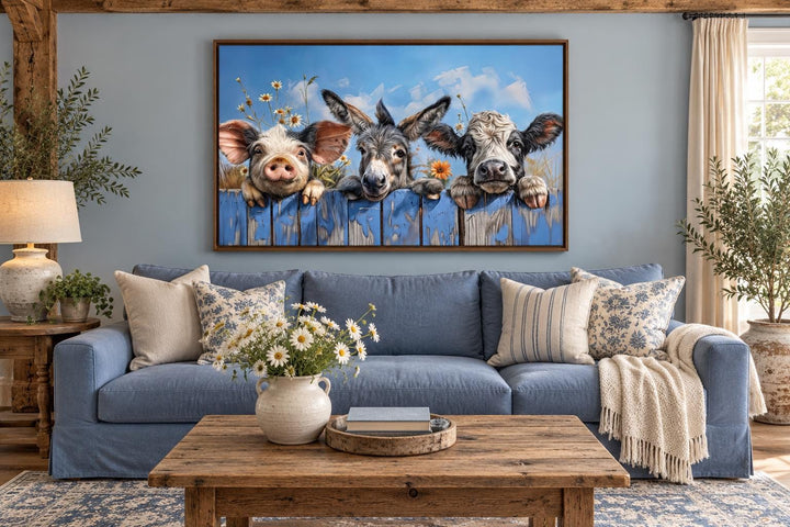 Framed canvas wall art of a donkey, pig, and baby cow looking over a blue fence in a living room.