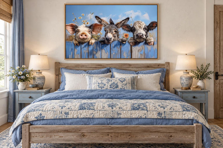 Framed canvas wall art of a donkey, pig, and baby cow looking over a blue fence in a bedroom.