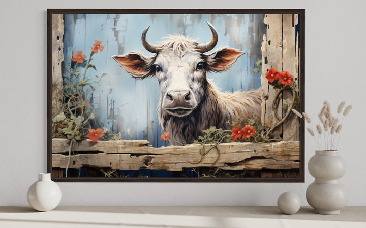 Cute Farm Cow Rustic Painting on Wood Framed Canvas Wall Art