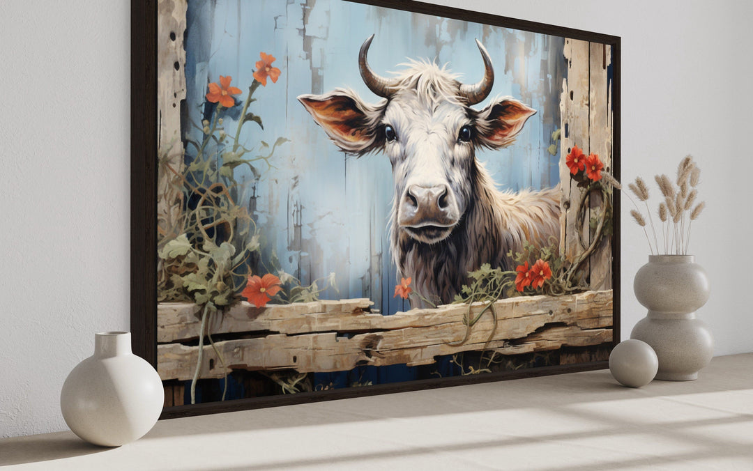 Cute Farm Cow Rustic Painting on Wood Framed Canvas Wall Art