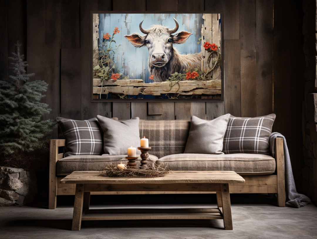 Cute Farm Cow Rustic Painting on Wood Framed Canvas Wall Art