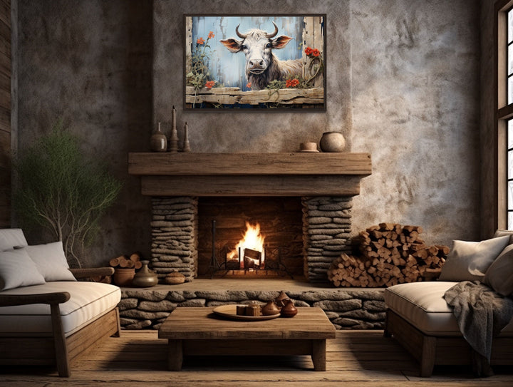 Cute Farm Cow Rustic Painting on Wood Framed Canvas Wall Art