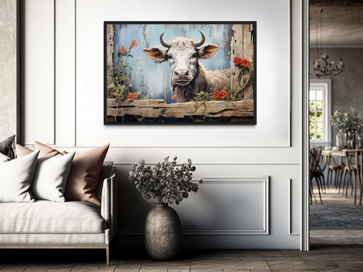 Cute Farm Cow Rustic Painting on Wood Framed Canvas Wall Art