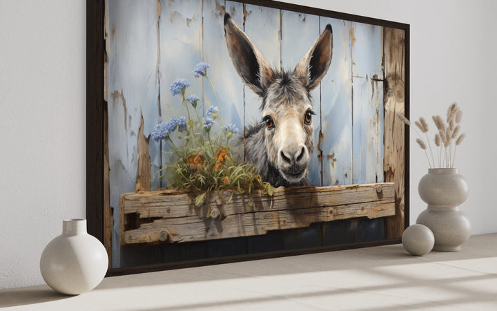 Cute Farm Donkey Rustic Painting on Wood Framed Canvas Wall Art