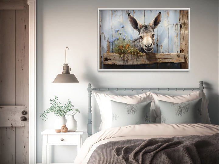 Cute Farm Donkey Rustic Painting on Wood Framed Canvas Wall Art