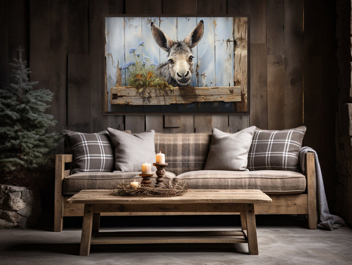 Cute Farm Donkey Rustic Painting on Wood Framed Canvas Wall Art