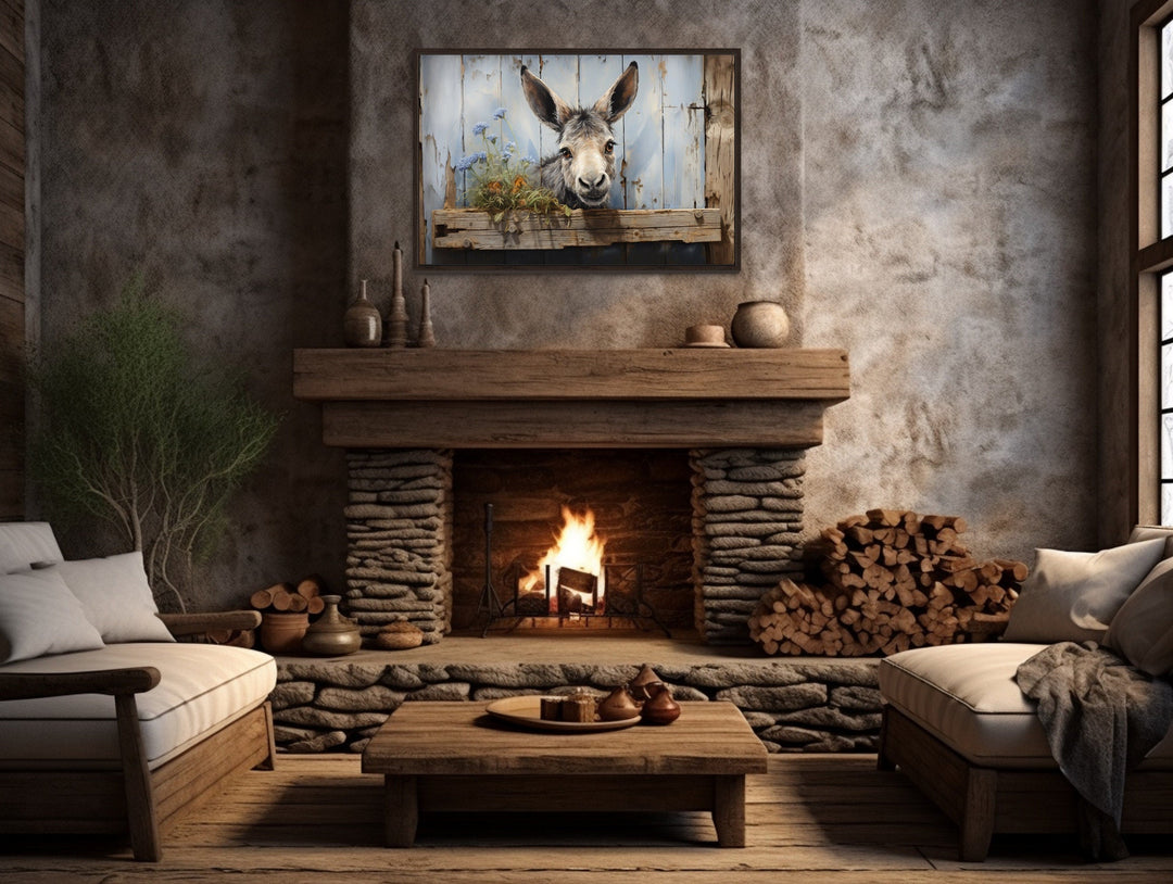 Cute Farm Donkey Rustic Painting on Wood Framed Canvas Wall Art