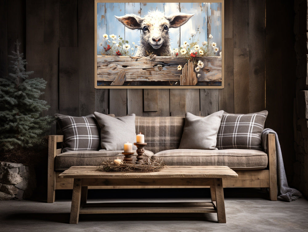 Cute Farm Sheep Rustic Painting on Wood Framed Canvas Wall Art above rustic couch