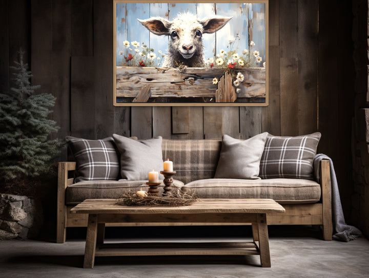 Cute Farm Sheep Rustic Painting on Wood Framed Canvas Wall Art