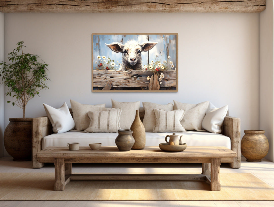 Cute Farm Sheep Rustic Painting on Wood Framed Canvas Wall Art