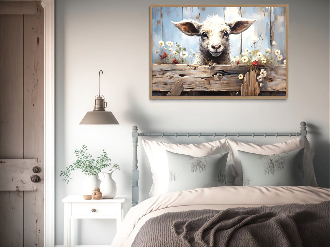 Cute Farm Sheep Rustic Painting on Wood Framed Canvas Wall Art