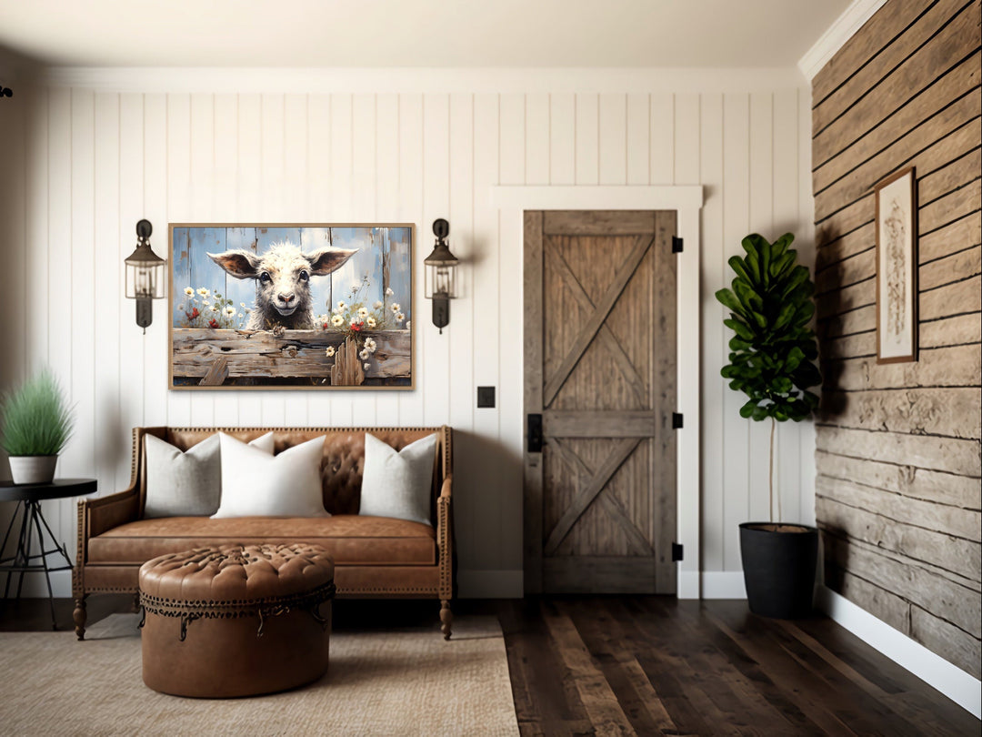 Cute Farm Sheep Rustic Painting on Wood Framed Canvas Wall Art