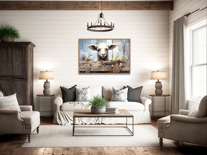 Cute Farm Sheep Rustic Painting on Wood Framed Canvas Wall Art