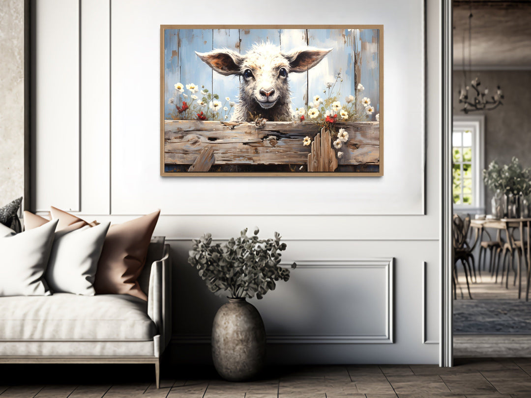 Cute Farm Sheep Rustic Painting on Wood Framed Canvas Wall Art