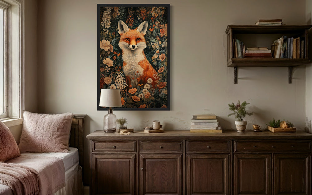 Cute Fox In Flowers William Morris Inspired Framed Canvas Wall Art