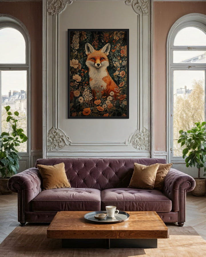 Cute Fox In Flowers William Morris Inspired Framed Canvas Wall Art