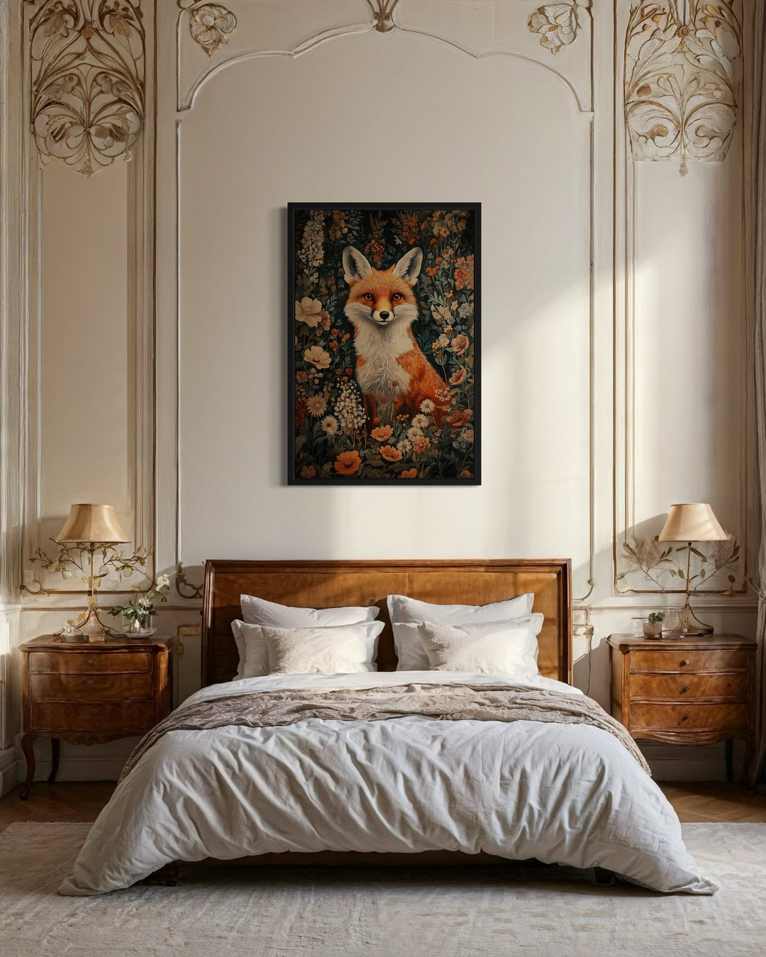 Cute Fox In Flowers William Morris Inspired Framed Canvas Wall Art