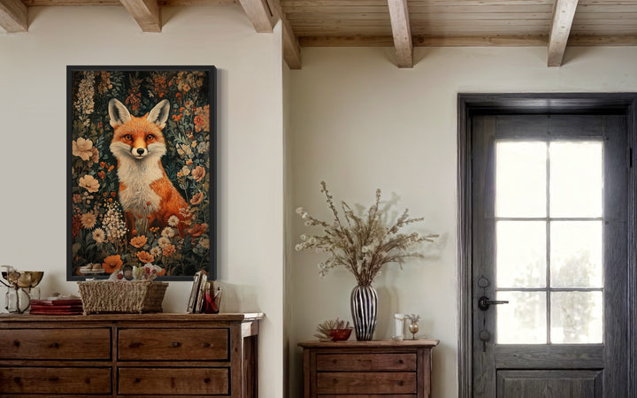 Cute Fox In Flowers William Morris Inspired Framed Canvas Wall Art