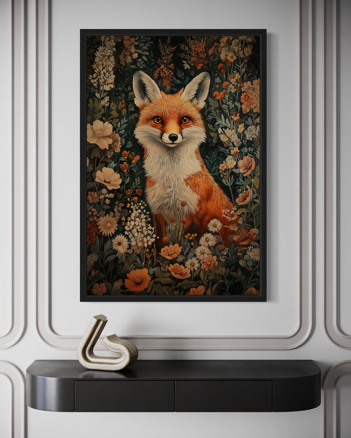 Cute Fox In Flowers William Morris Inspired Framed Canvas Wall Art