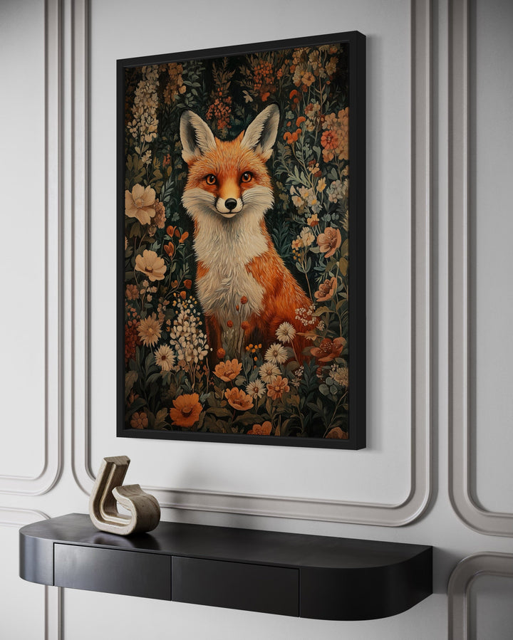 Cute Fox In Flowers William Morris Inspired Framed Canvas Wall Art