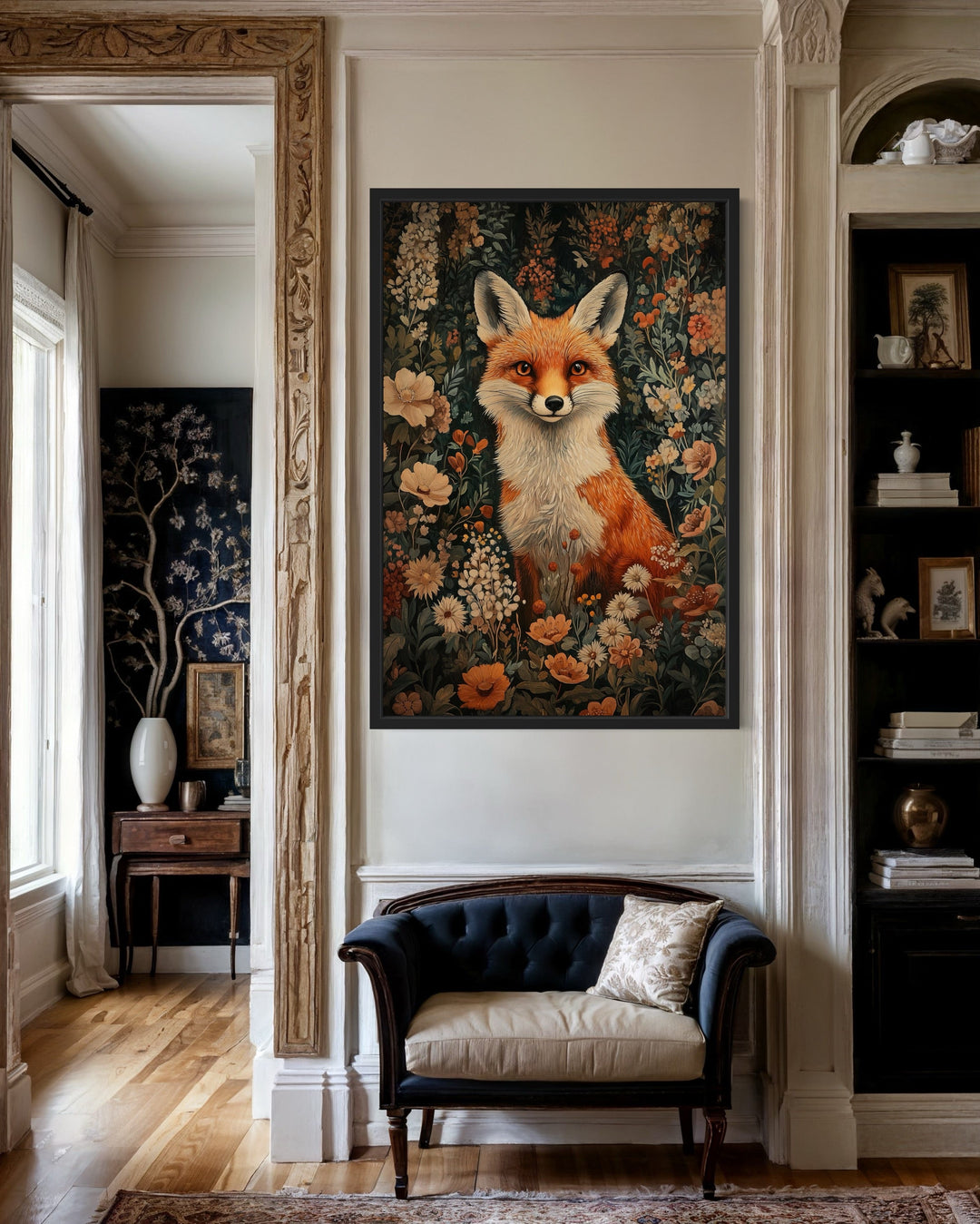 Cute Fox In Flowers William Morris Inspired Framed Canvas Wall Art