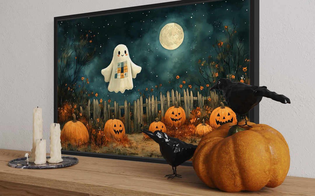 Cute Ghost and Pumpkins Farmhouse Halloween Wall Art