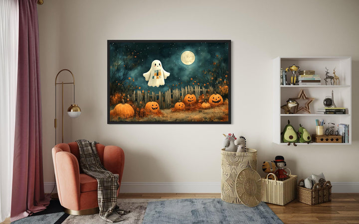 Cute Ghost and Pumpkins Farmhouse Halloween Wall Art