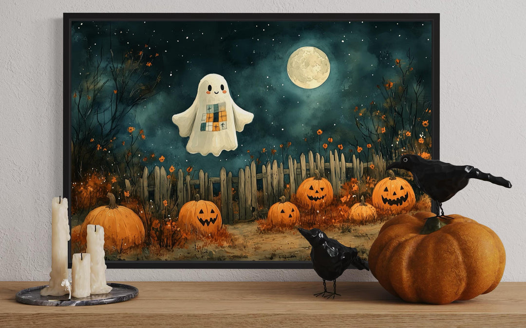 Cute Ghost and Pumpkins Farmhouse Halloween Wall Art