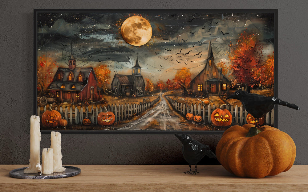 Cute Halloween Decorated Farm With Pumpkins, Bats, Full Moon Wall Art close up