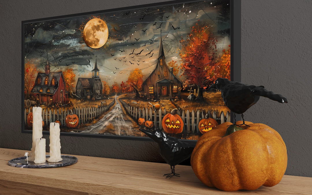 Cute Halloween Decorated Farm With Pumpkins, Bats, Full Moon Wall Art