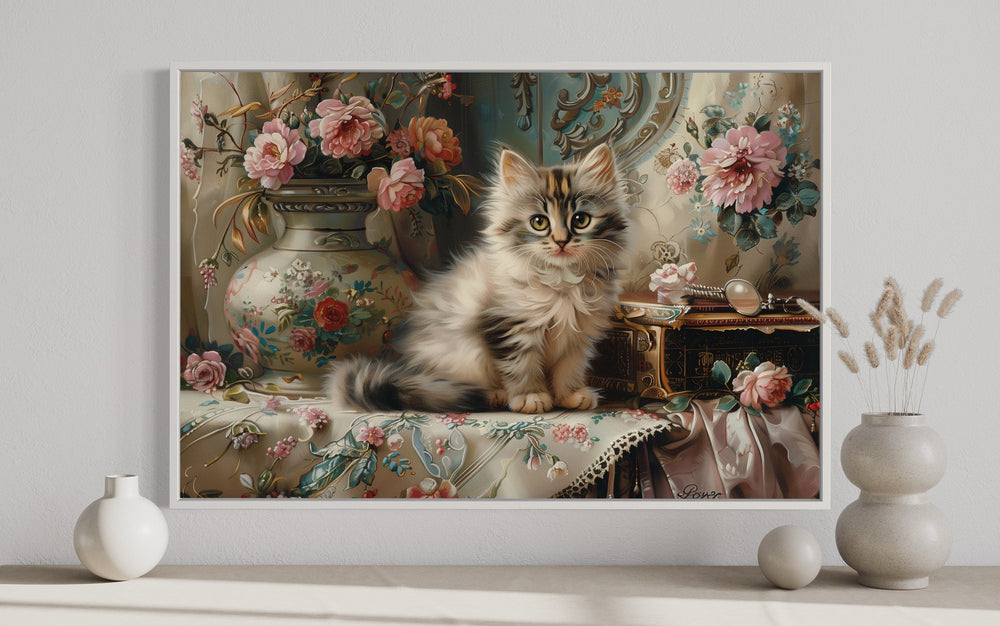 Cute Kitten And Flowers Victorian Painting Framed Canvas Wall Art close up