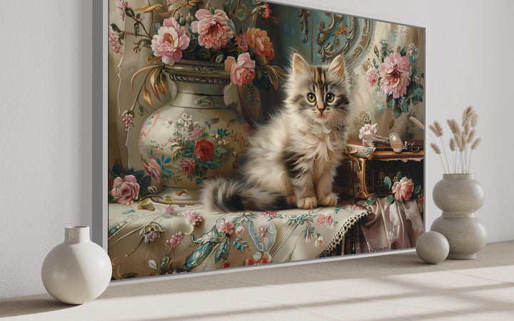 Cute Kitten And Flowers Victorian Painting Framed Canvas Wall Art