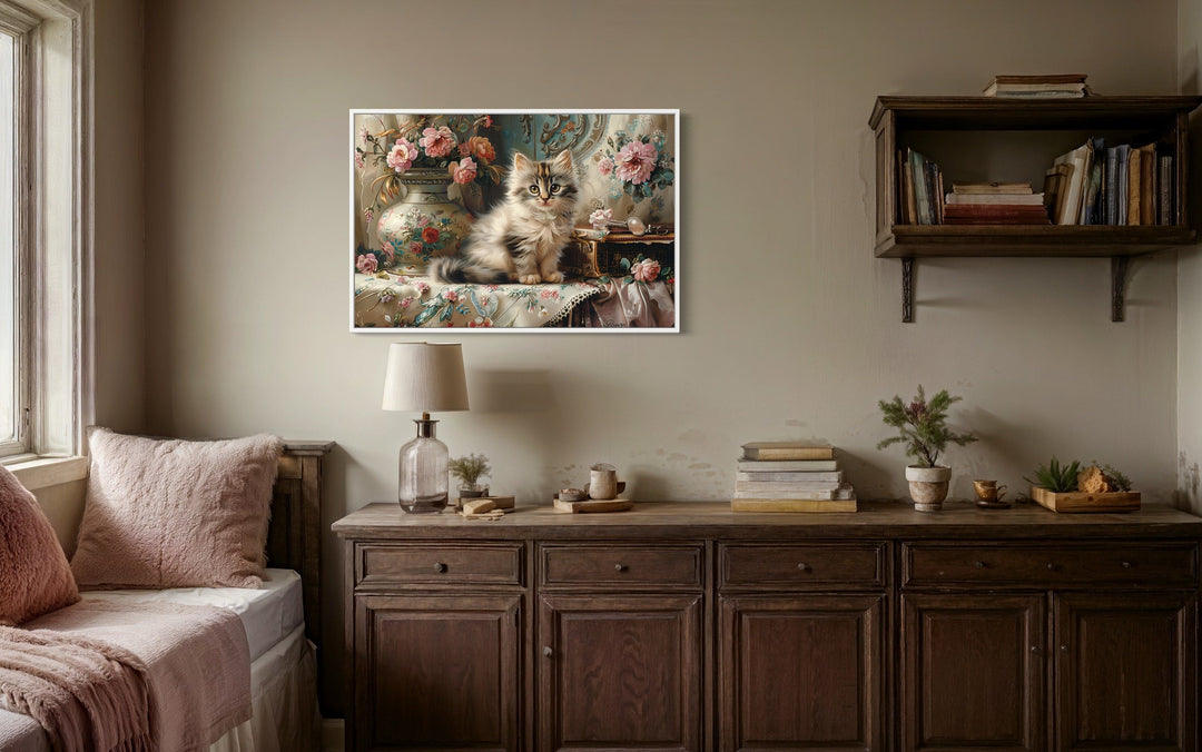 Cute Kitten And Flowers Victorian Painting Framed Canvas Wall Art