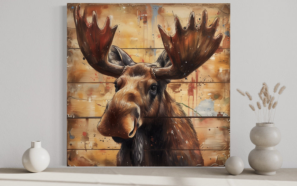 Rustic Cabin Wall Decor - Cute Moose Portrait on Distressed Wood Framed Canvas Wall Art