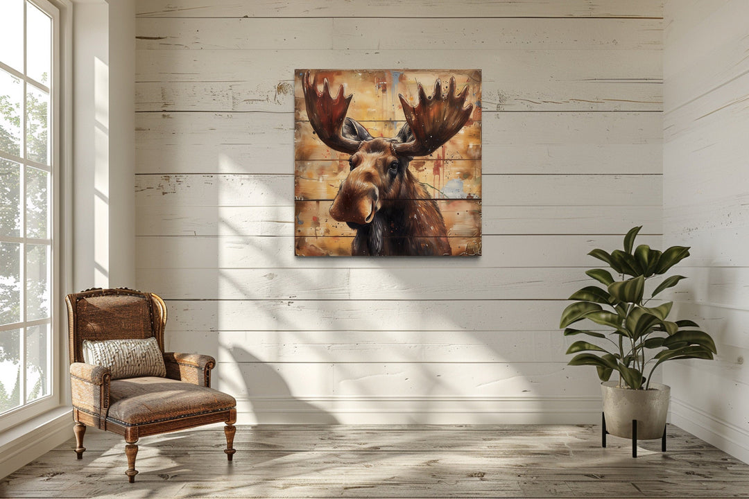 Cute Moose Portrait on Distressed Wood Framed Canvas Wall Art