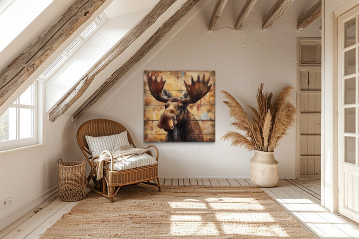 Cute Moose Portrait on Distressed Wood Framed Canvas Wall Art