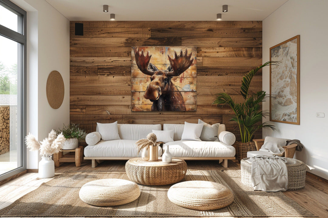 Cute Moose Portrait on Distressed Wood Framed Canvas Wall Art