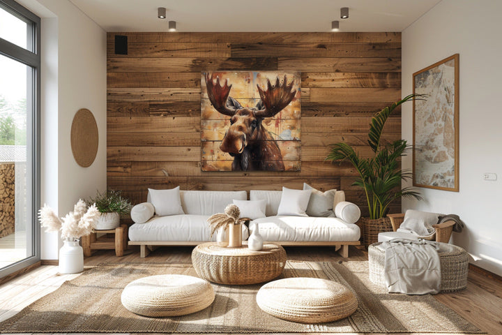 Cute Moose Portrait on Distressed Wood Framed Canvas Wall Art